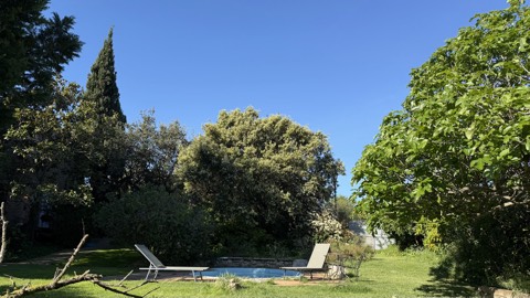 Private pool with sun loungers under cypress trees – holiday home Costa Brava